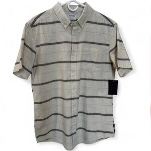 NWT Hurley Mens Gray Striped Button Up Short Sleeve Classic Fit Stretch Shirt-LG